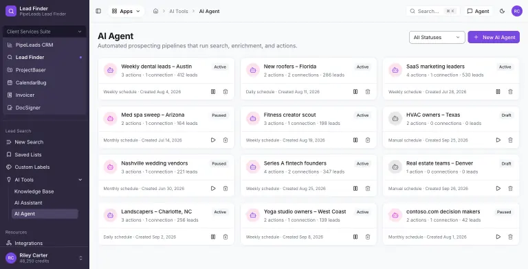 AI Agent page with twelve agent cards in Active, Paused and Draft states, each showing its action, connection and lead counts, daily, weekly, monthly or manual schedule, and pause, play and delete controls, with an All Statuses filter and a New AI Agent button