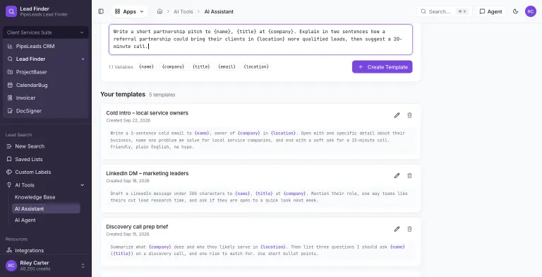 AI Assistant page with a template being written using {name}, {title}, {company} and {location} variables, and a Your templates list of saved prompts such as Cold intro for local service owners, LinkedIn DM for marketing leaders and Discovery call prep brief, each with edit and delete buttons