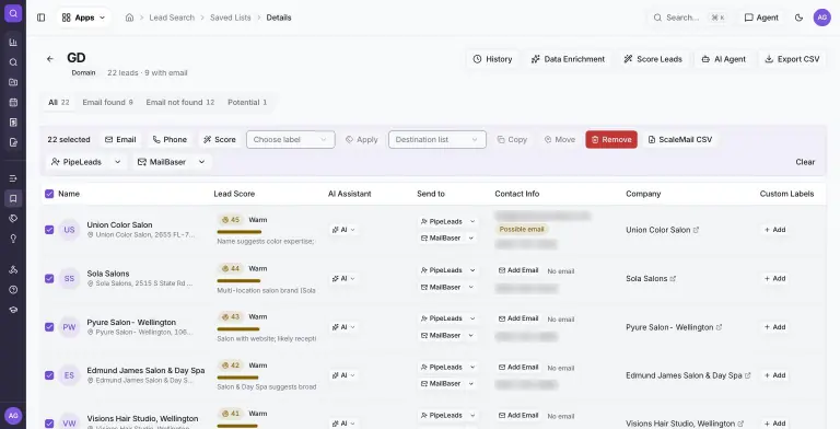 All 22 leads selected with a bulk bar offering Email, Phone and Score enrichment, label apply, copy or move to list, Remove, ScaleMail CSV, and send to PipeLeads or MailBaser