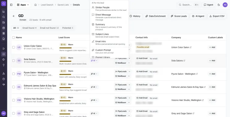 AI dropdown opened on a lead row listing Similar People, Direct Message, Summary, Subject Lines, Email Intro, Custom Prompt and Prompt Library