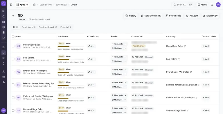 Lead list table of Florida salons with avatars, addresses, AI lead scores with Warm badges and reasons, AI menu, Send to PipeLeads and MailBaser buttons, business phone numbers and company links
