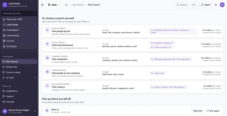 Five search type rows: People, Local, Company, Domain and Influencer search, each listing the data you get, a clickable example prompt, and a per-result credit price