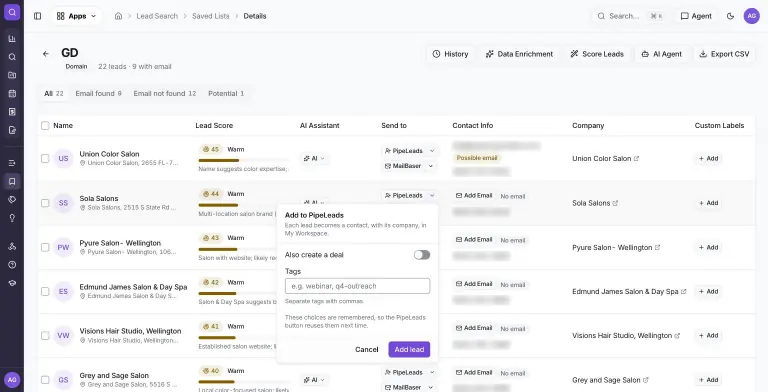 Add to PipeLeads popover on a salon lead with an Also create a deal toggle, a tags field and Cancel / Add lead buttons
