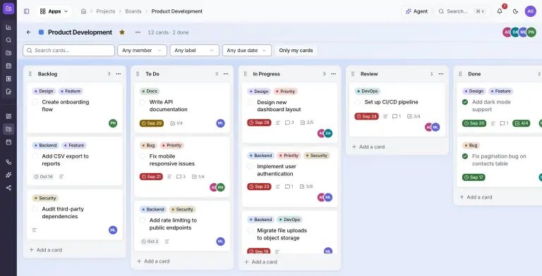 ProjectBaser Product Development board with Backlog, To Do, In Progress, Review and Done lists; cards show colored labels, red overdue and green completed due-date chips, comment and checklist counts, and member avatars.