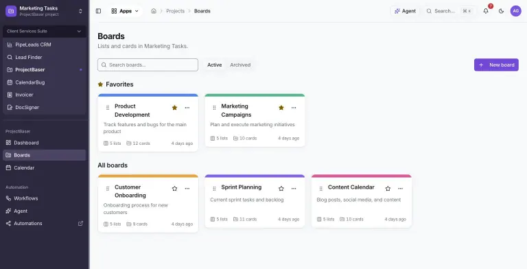 ProjectBaser Boards page with starred Favorites (Product Development, Marketing Campaigns) and All boards (Customer Onboarding, Sprint Planning, Content Calendar), each color-coded with list and card counts.