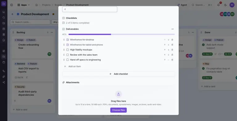 Deliverables checklist inside a ProjectBaser card with a 40 percent progress bar, two struck-through completed items and three open items, plus reorder controls and an empty attachments drop zone.