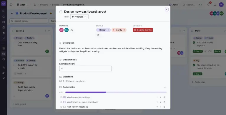 ProjectBaser card window for 'Design new dashboard layout' showing two members, Design and Priority labels, an overdue Sep 26 due date, a description, an Estimate custom field and a Deliverables checklist at 40 percent.