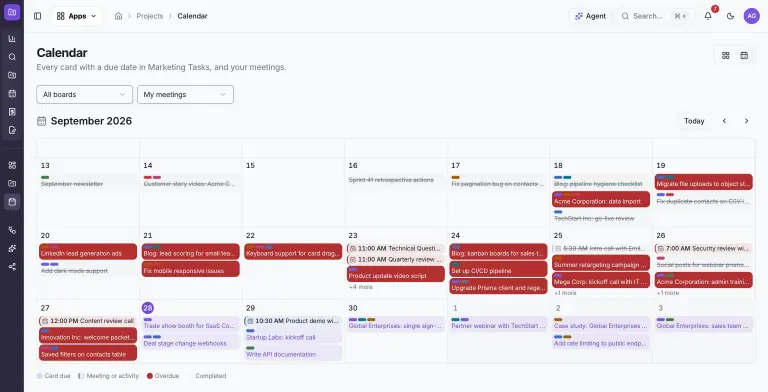 ProjectBaser September 2026 month calendar showing due cards from all boards as colored chips, red overdue items, struck-through completed items, timed meetings and the current day highlighted.
