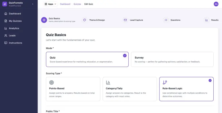 Quiz builder with five-step stepper (Quiz Basics, Theme & Design, Lead Capture, Questions, Results) and the Quiz Basics step showing Quiz vs Survey mode and Points-Based, Category/Tally and Rule-Based Logic scoring choices