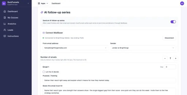 AI follow-up series panel switched on, MailBaser connected with a verified From address and sender selected, Number of emails set to 7, and Email 1 on Day 0 with a written purpose and the beats the email must hit