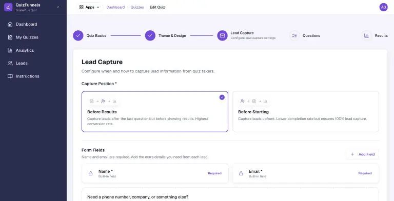 Lead Capture step with Capture Position choices Before Results (selected, highest conversion rate) and Before Starting, plus required Name and Email form fields and an Add Field button