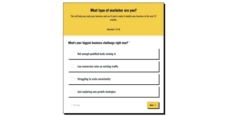 Public quiz 'What type of marketer are you?' in a bold yellow high-contrast theme showing Question 1 of 16, 'What's your biggest business challenge right now?', with four answer options and a Next button