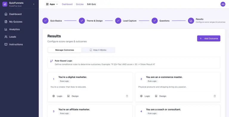 Results step using Rule-Based Logic with outcome cards 'You're a digital marketer', 'You are an e-commerce master', 'You're an affiliate marketer' and 'You are a coach or consultant', each with Logic and Design buttons
