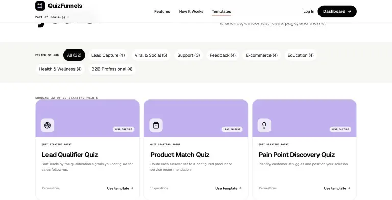 Public QuizFunnels templates page with Filter by Job chips (All 32, Lead Capture, Viral & Social, Support, Feedback, E-commerce, Education, Health & Wellness, B2B Professional) above template cards