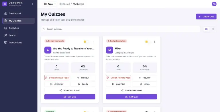 My Quizzes grid showing quiz cards with scoring type, leads and conversion tiles, and buttons for Design Results Page, Preview, Analytics, Leads, Share and Embed, and Edit Quiz