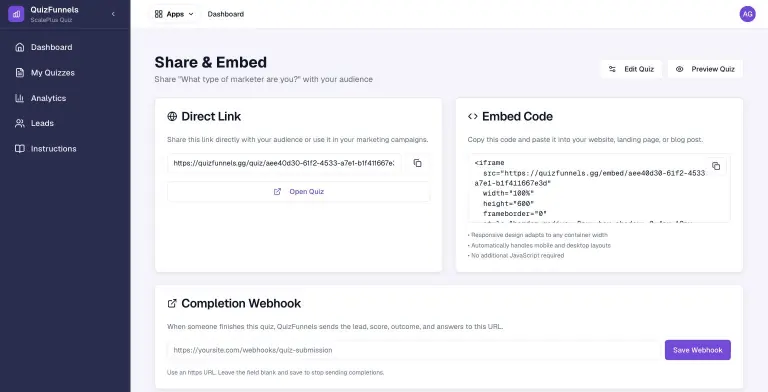 Share & Embed page for 'What type of marketer are you?' with a Direct Link card, an iframe Embed Code card and a Completion Webhook field