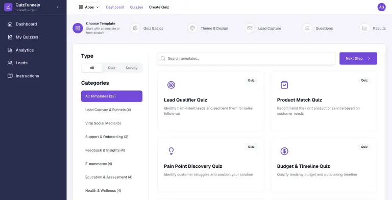 Create Quiz step 'Choose Template' with Quiz/Survey type filter, category list (All Templates 32, Lead Capture & Funnels, Viral Social Media, Support & Onboarding, Feedback, E-commerce, Education, Health & Wellness) and template cards like Lead Qualifier Quiz and Product Match Quiz