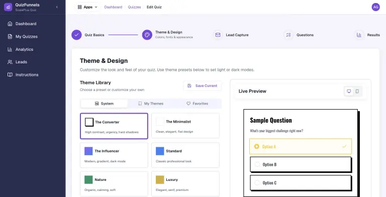 Theme & Design step with a Theme Library of presets (The Converter, The Minimalist, The Influencer, Standard, Nature, Luxury) beside a Live Preview of a sample question in a bold high-contrast style