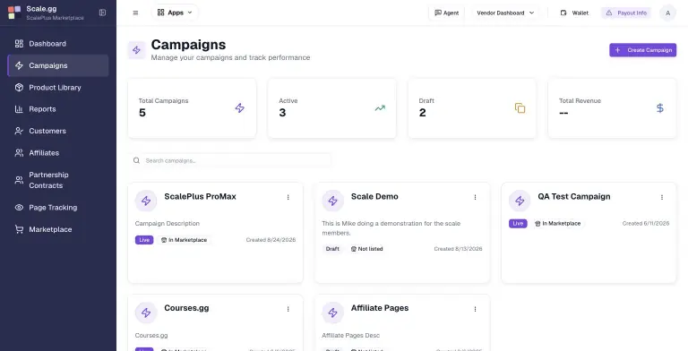 Scale.gg Campaigns page with summary cards (5 total, 3 active, 2 draft) and a grid of campaign cards including Scale.gg ProMax, Scale Demo and QA Test Campaign with Live, Draft, In Marketplace and Not listed badges.
