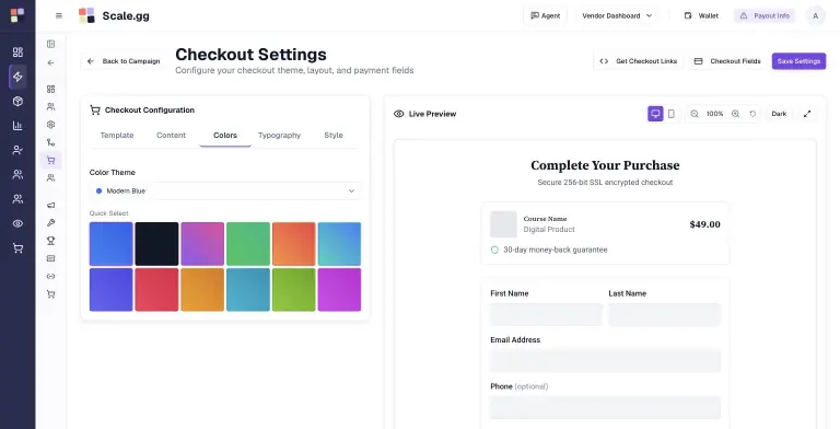 Scale.gg Checkout Settings with the Colors tab open showing a Modern Blue theme and a grid of twelve gradient color swatches beside a live preview of the Complete Your Purchase checkout page.
