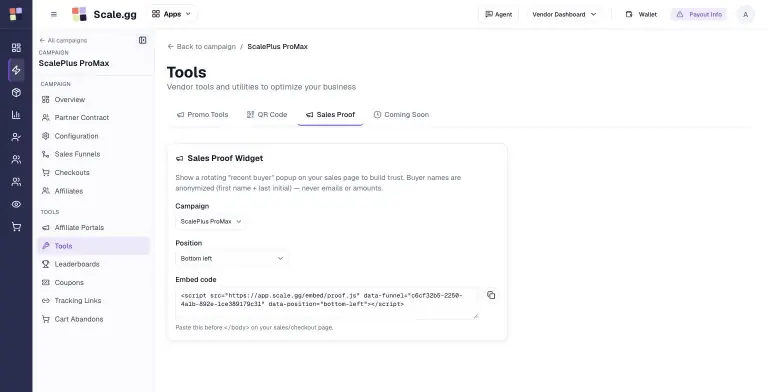 Scale.gg Tools page Sales Proof tab showing the Sales Proof Widget settings with campaign and position selectors and a copyable script embed code.