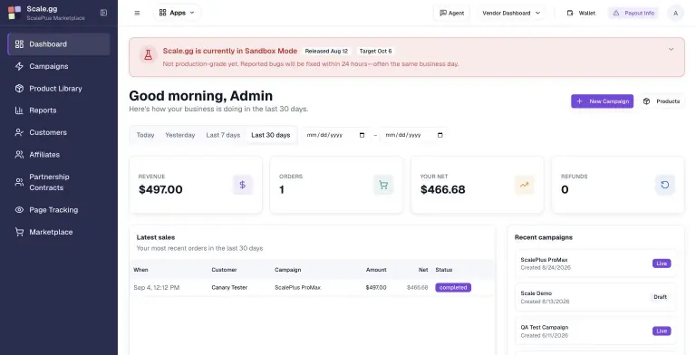 Scale.gg vendor dashboard filtered to the last 30 days showing $497.00 revenue, 1 order, $466.68 net, 0 refunds, a latest sales table with one completed Scale.gg ProMax order and a recent campaigns list.