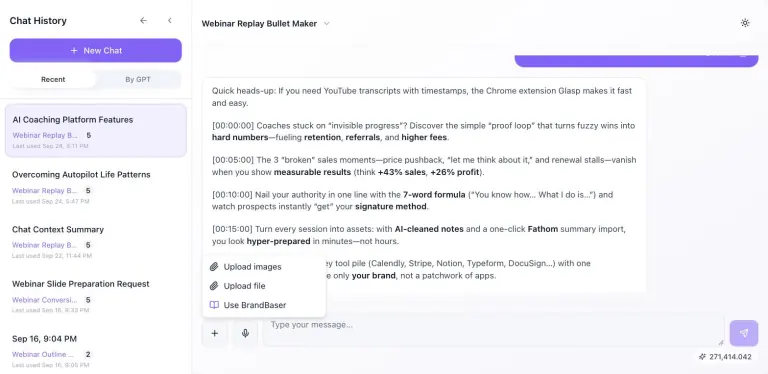 Chat composer with the plus menu open listing Upload images, Upload file and Use BrandBaser above an existing webinar-bullets answer