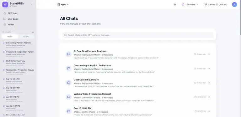 All Chats page with a search bar and saved conversations such as AI Coaching Platform Features, Overcoming Autopilot Life Patterns and Webinar Slide Preparation Request, each showing the GPT used, message count, preview snippet and time