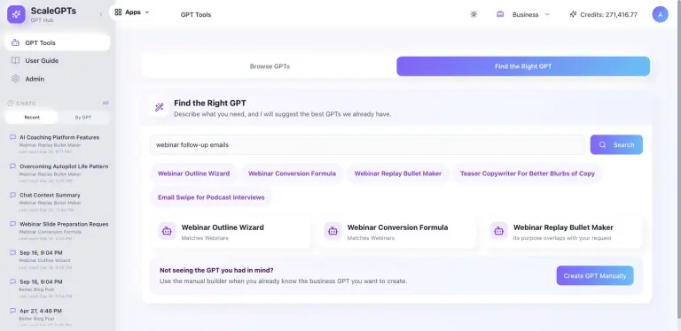 Find the Right GPT tab with the query 'webinar follow-up emails' returning suggestion chips and three matched cards: Webinar Outline Wizard, Webinar Conversion Formula and Webinar Replay Bullet Maker, plus a Create GPT Manually prompt