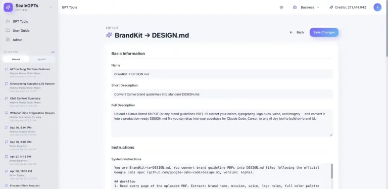 Edit GPT screen for BrandKit to DESIGN.md showing Basic Information fields for name, short and full description, and the start of System Instructions, with Back and Save Changes buttons