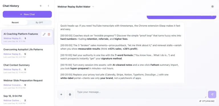 Webinar Replay Bullet Maker chat showing a timestamped list of persuasive webinar bullets with bold highlights, the Chat History sidebar listing saved conversations with message counts, and a message box with credit balance
