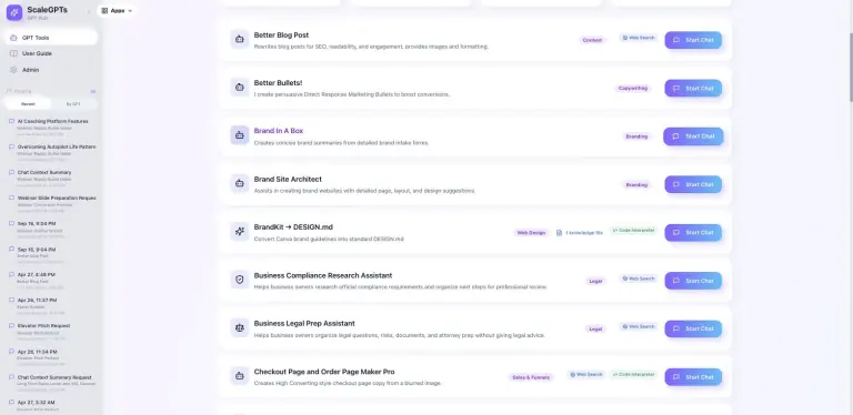 ScaleGPTs library in list view: rows for Better Blog Post, Better Bullets!, Brand In A Box, Brand Site Architect, BrandKit to DESIGN.md and more, each with a one-line description, category tag, enabled tools such as Web Search or Code Interpreter, and a Start Chat button