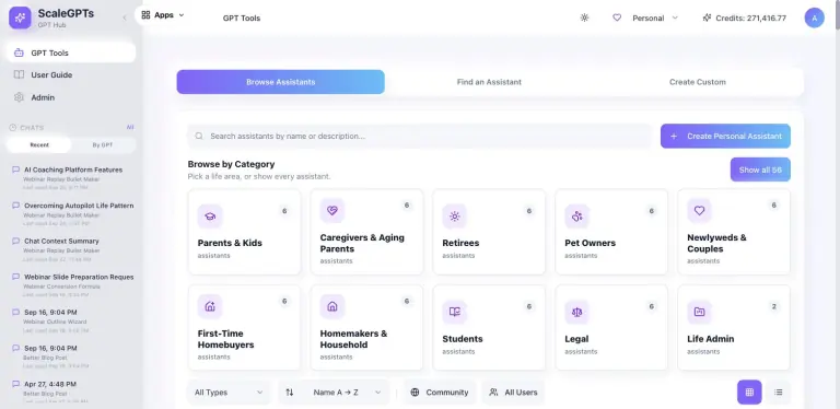 ScaleGPTs in Personal mode showing Browse Assistants with ten life-area tiles such as Parents and Kids, Caregivers and Aging Parents, Retirees, Pet Owners, First-Time Homebuyers, Students and Legal, each with an assistant count, and a Show all 56 button