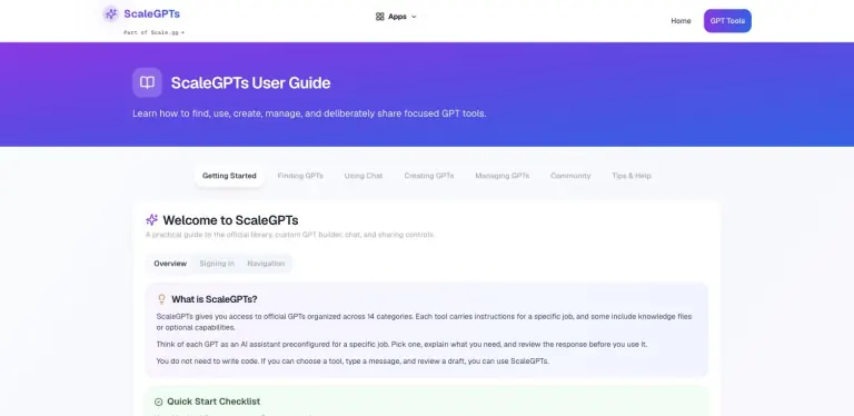 ScaleGPTs User Guide page with a purple header, section tabs from Getting Started to Tips and Help, and a Welcome to ScaleGPTs panel explaining what ScaleGPTs is
