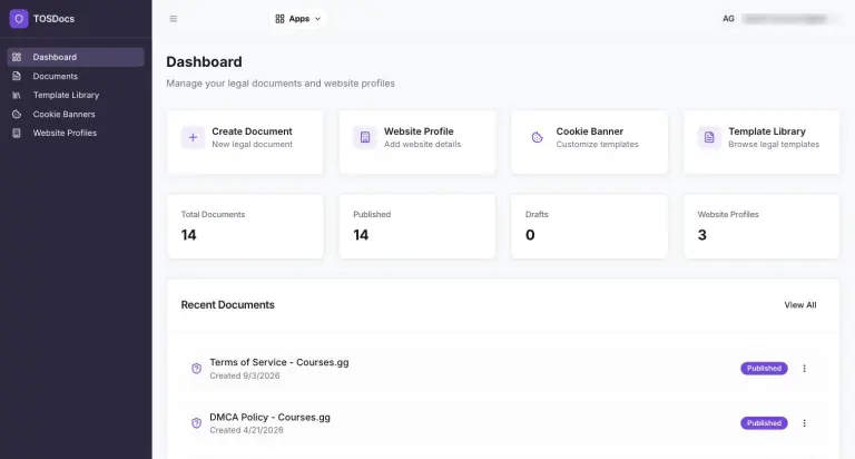 TOSDocs dashboard with four quick-action cards (Create Document, Website Profile, Cookie Banner, Template Library), stat cards showing 14 total documents, 14 published, 0 drafts and 3 website profiles, and a Recent Documents list starting with Terms of Service - Courses.gg