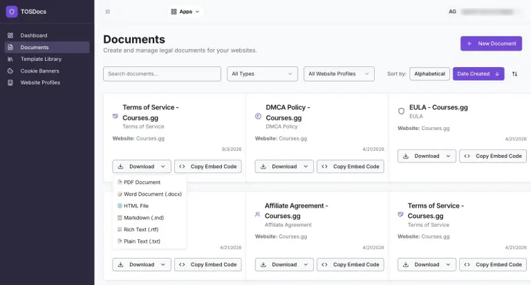 Download menu open on a Terms of Service - Courses.gg card listing PDF Document, Word Document (.docx), HTML File, Markdown (.md), Rich Text (.rtf) and Plain Text (.txt)