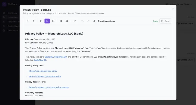 Rich text editor open on Privacy Policy - Scale.gg with a formatting toolbar (bold, italic, headings, lists, link, undo, Show Suggestions), a Saved status, and the policy text for Monarch Labs, LLC with effective date and policy URLs