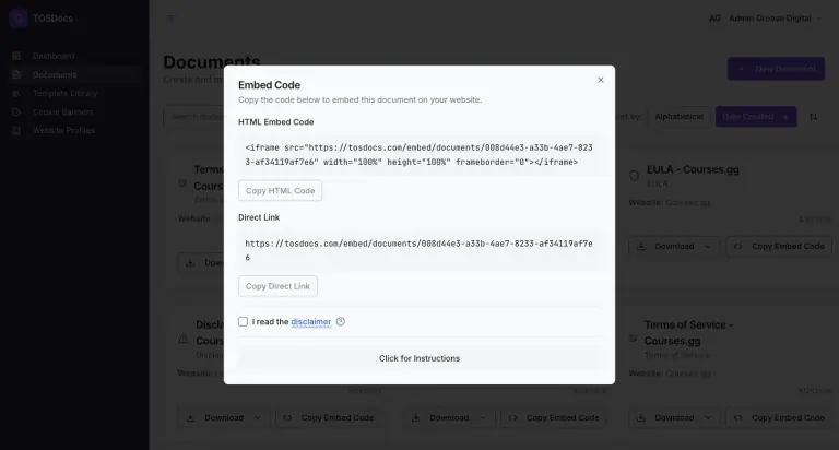 Embed Code dialog showing an HTML iframe embed code and a direct link for a TOSDocs document, Copy HTML Code and Copy Direct Link buttons, an 'I read the disclaimer' checkbox and a Click for Instructions button