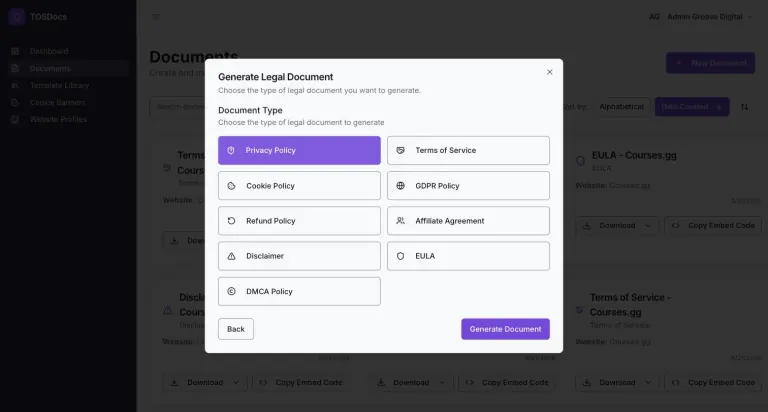 Generate Legal Document dialog showing nine document types as buttons: Privacy Policy (selected), Terms of Service, Cookie Policy, GDPR Policy, Refund Policy, Affiliate Agreement, Disclaimer, EULA and DMCA Policy, with a Generate Document button
