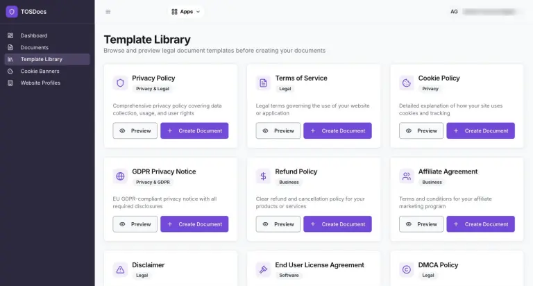 Template Library grid of legal templates including Privacy Policy, Terms of Service, Cookie Policy, GDPR Privacy Notice, Refund Policy, Affiliate Agreement, Disclaimer, End User License Agreement and DMCA Policy, each with category tags, Preview and Create Document buttons