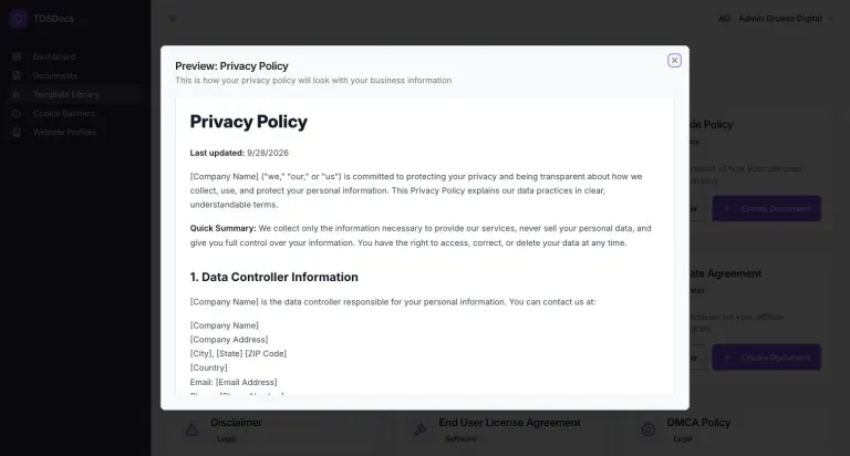 Preview: Privacy Policy dialog showing the template with a last-updated date, a quick summary, and a Data Controller Information section with bracketed placeholders like [Company Name] and [Company Address]
