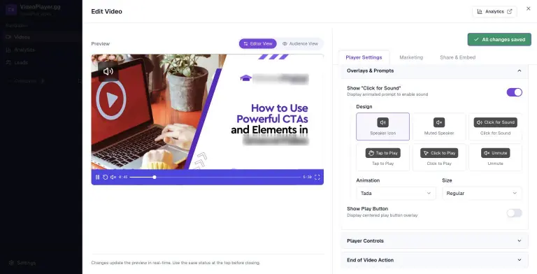 Overlays and Prompts settings with Show Click for Sound on and six badge designs (Speaker Icon, Muted Speaker, Click for Sound, Tap to Play, Click to Play, Unmute), Tada animation, beside a purple-themed player preview