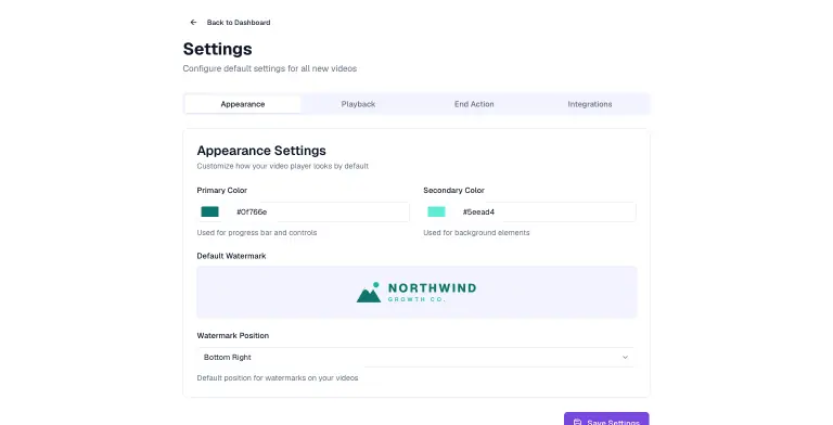 Settings page Appearance tab with brand primary color #0f766e, secondary color #5eead4, an uploaded Northwind Growth Co. logo as the default watermark, and watermark position Bottom Right