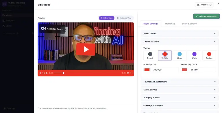 Edit Video panel with a live YouTube-themed red player preview showing a Click for Sound badge beside Player Settings, with Theme and Colors open to the Default, YouTube, Vimeo, Wistia, and Custom presets