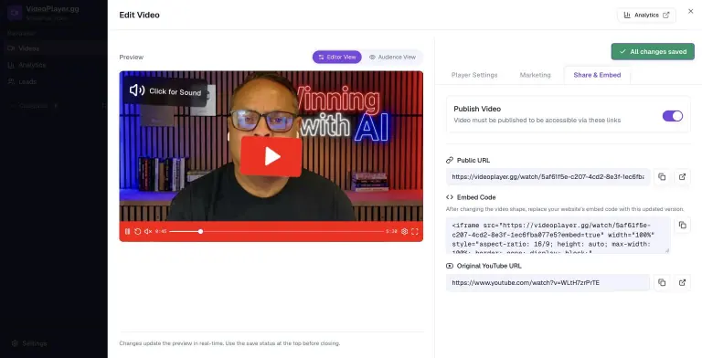 Share and Embed tab with the Publish Video toggle on, a public videoplayer.gg watch URL, an iframe embed code box, and the original YouTube URL, each with copy and open buttons