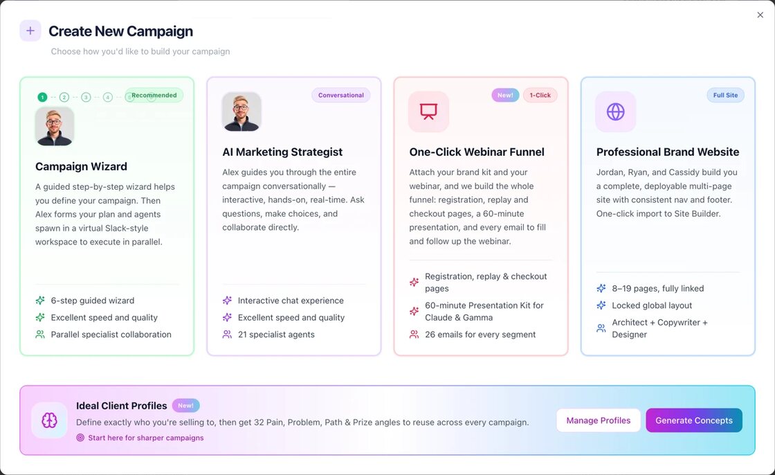 The Create New Campaign screen with the One-Click Webinar Funnel option