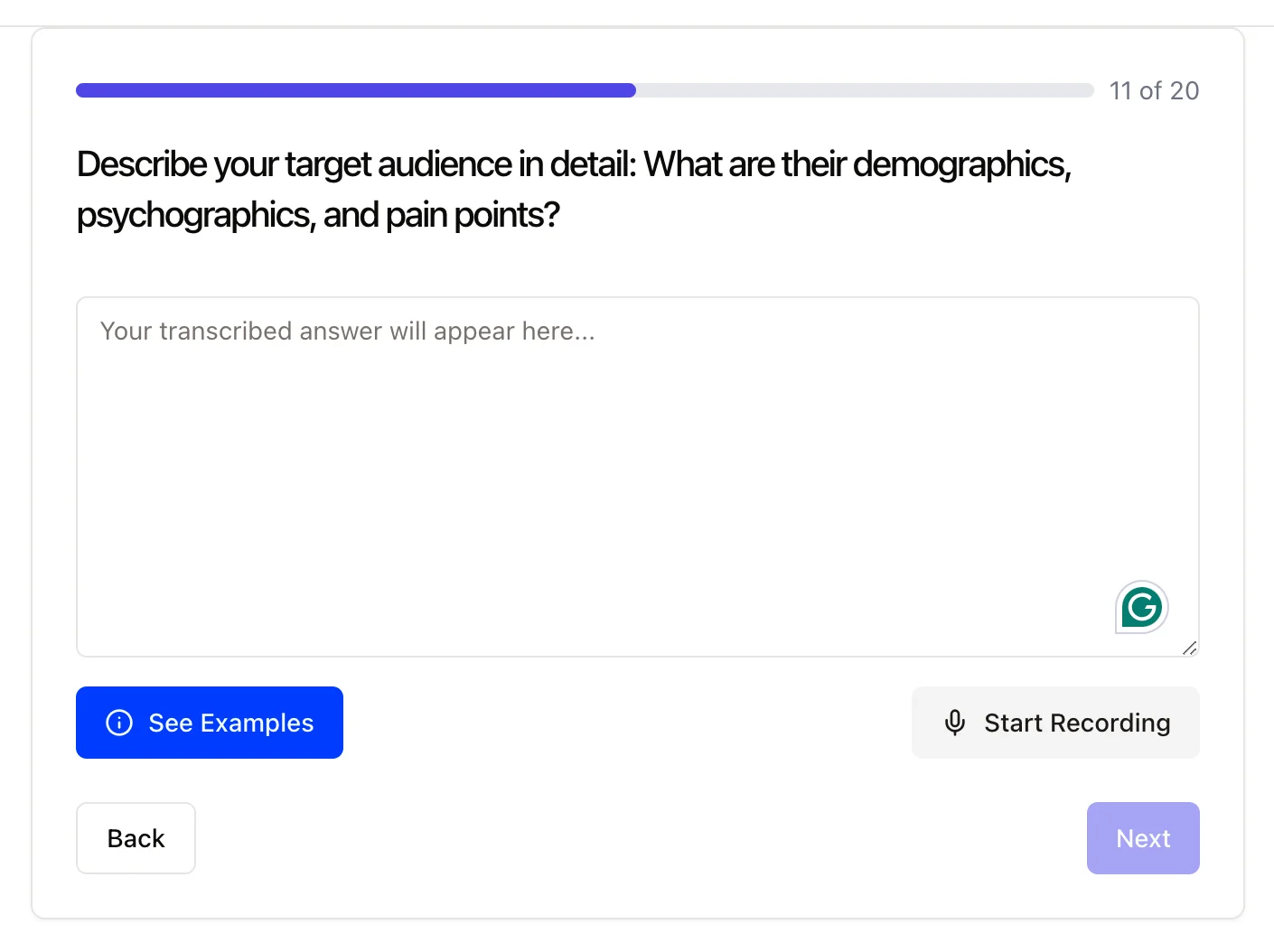 BrandBaser guided question wizard asking about a target audience with text and voice input