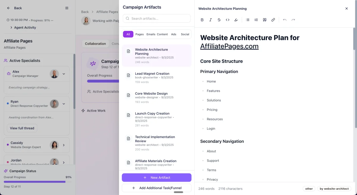 ClickCampaigns campaign workspace with active specialists, execution timeline, artifact list, and artifact editor