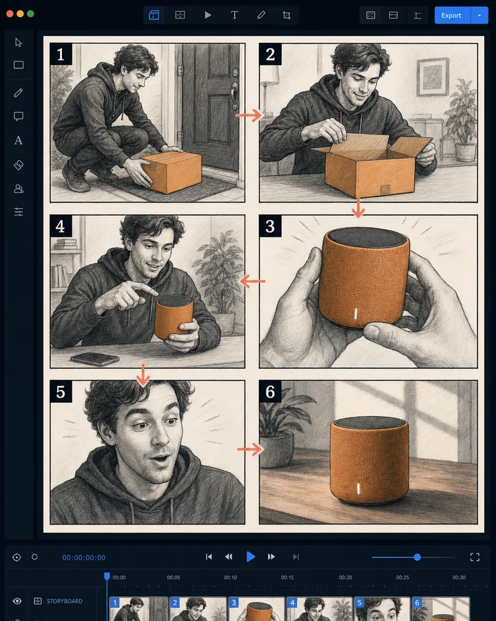 CreatorStudio storyboard showing six consistent-character commercial panels