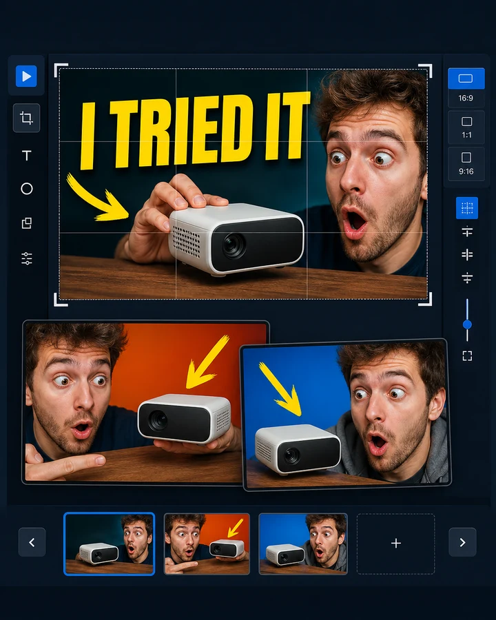 Thumbnail Studio editing a YouTube thumbnail and comparing three visual candidates